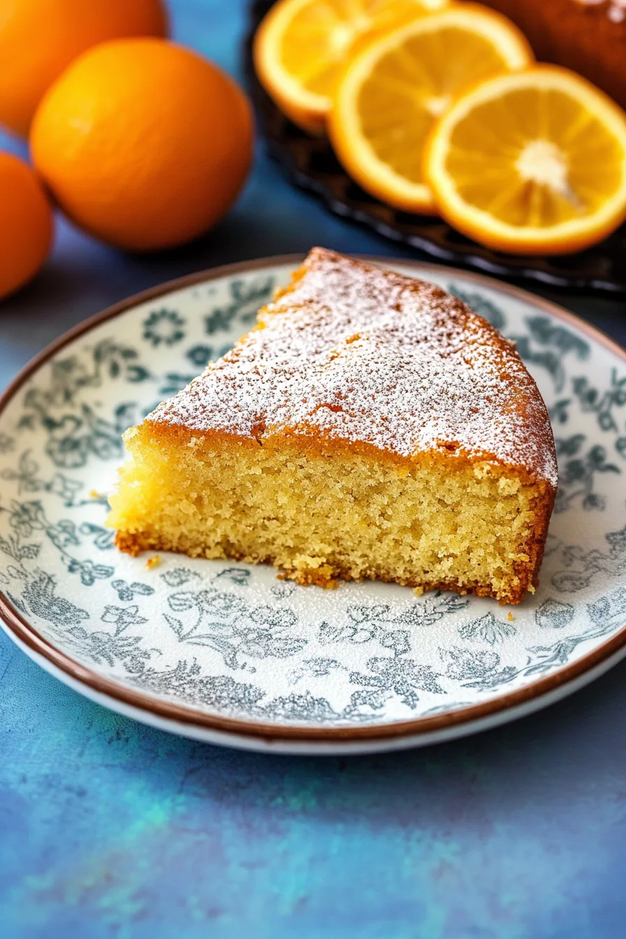 Bright, moist cake slice highlighting the rich color and delicate crumb from olive oil and citrus.