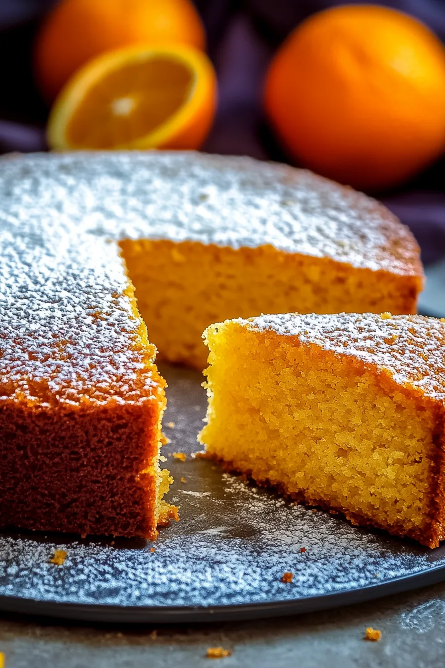 Moist citrus cake dusted with powdered sugar and a slice cut out to reveal its soft crumb.
