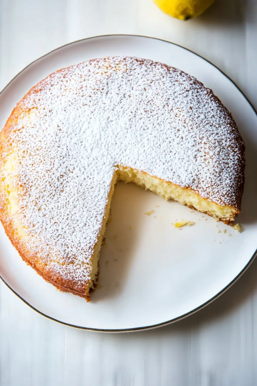 Slice missing from a golden, fluffy flourless cake showing its tender crumb.