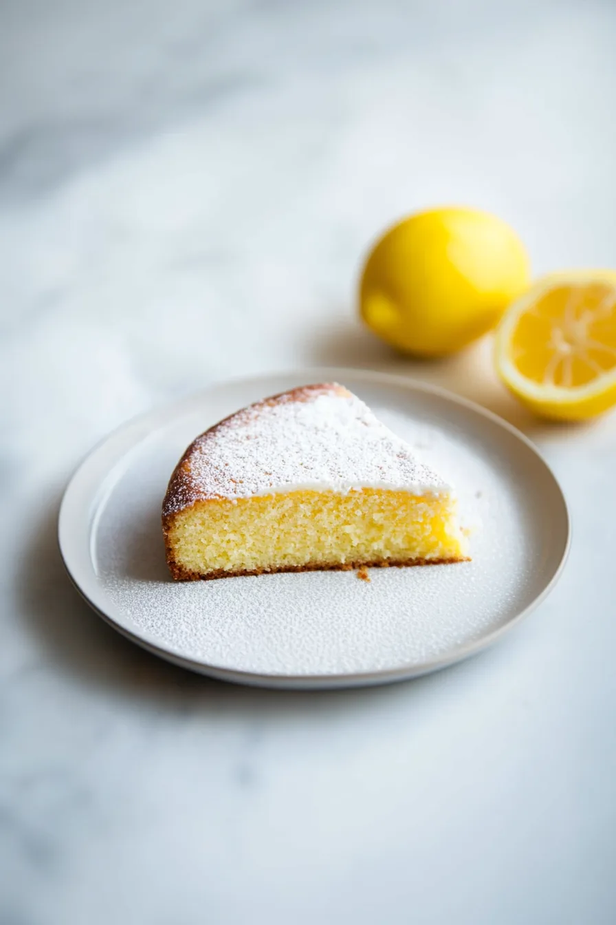 Homemade citrus almond dessert on a white plate, lightly sprinkled with sugar.