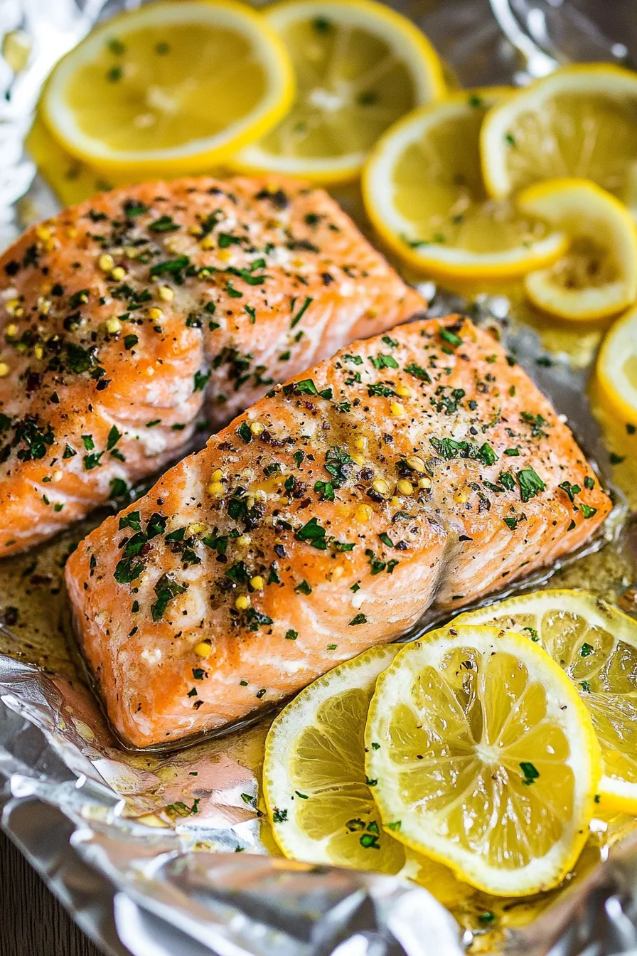 Baked salmon fillets topped with cracked pepper, herbs, and lemon slices on a foil-lined pan.