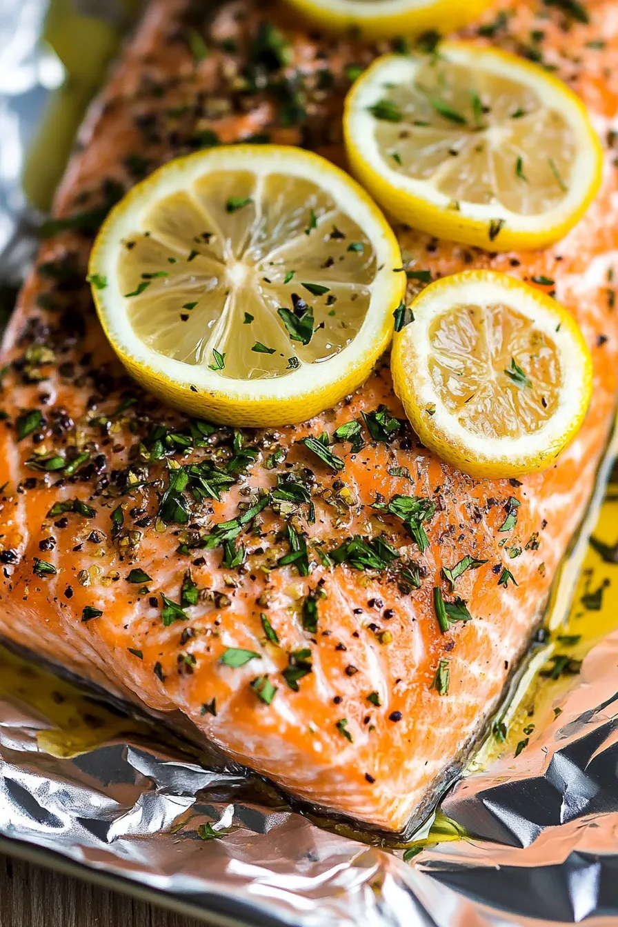 Close-up of juicy salmon seasoned with spices and garnished with fresh lemon rounds.