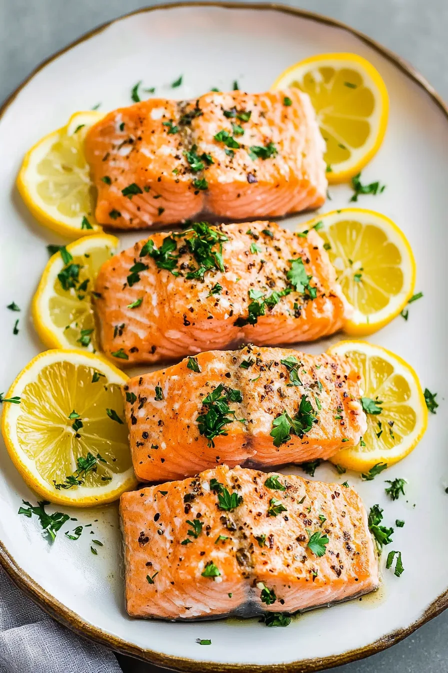Perfectly cooked salmon surrounded by lemon slices and sprinkled with fresh parsley.