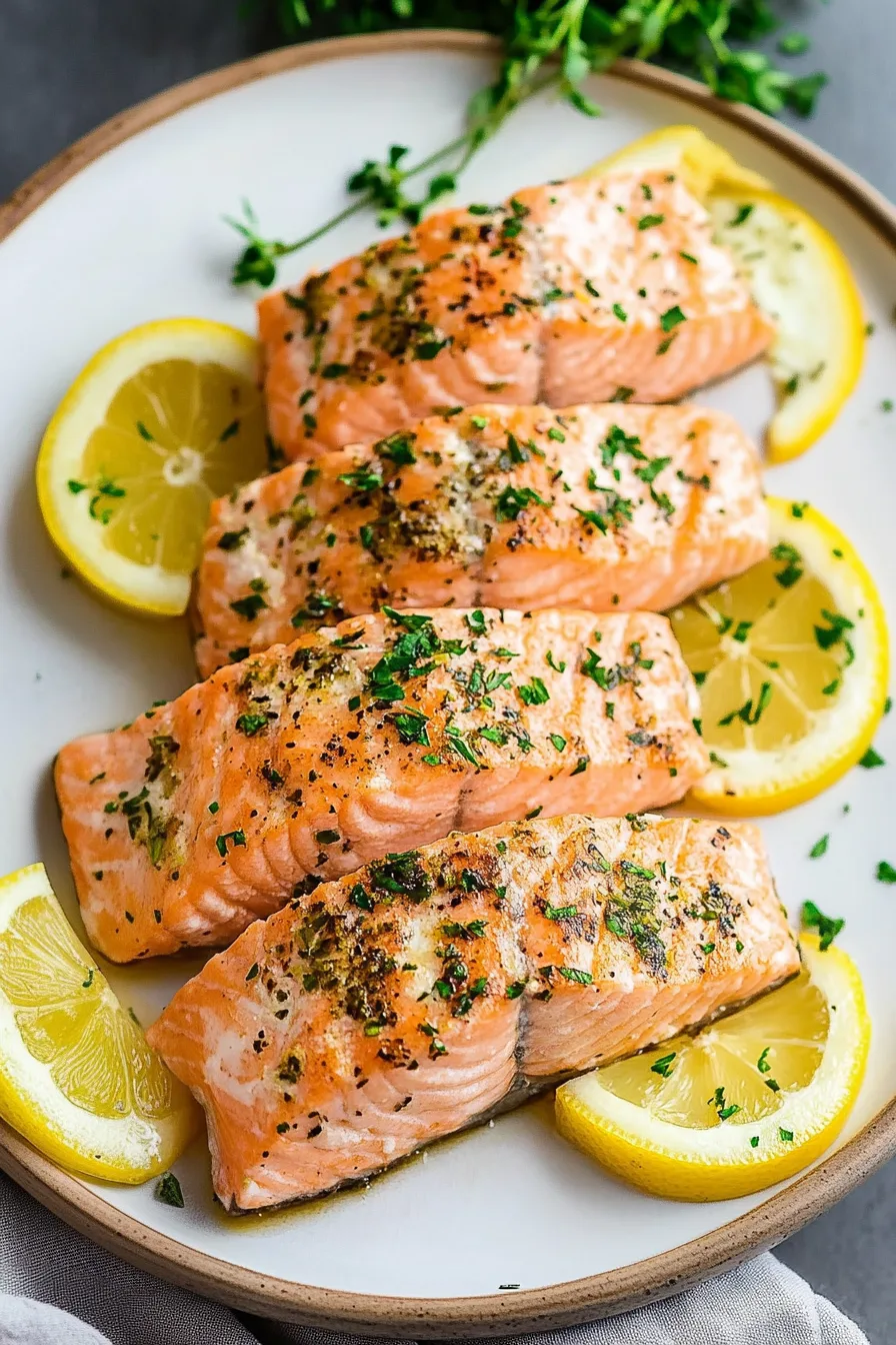 Tender salmon resting in a buttery lemon sauce with herbs and black pepper.