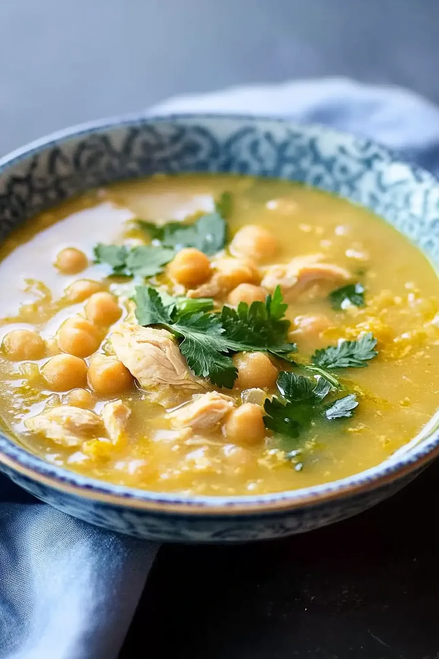 A bowl of golden soup with tender chicken, chickpeas, and fresh herbs on top.