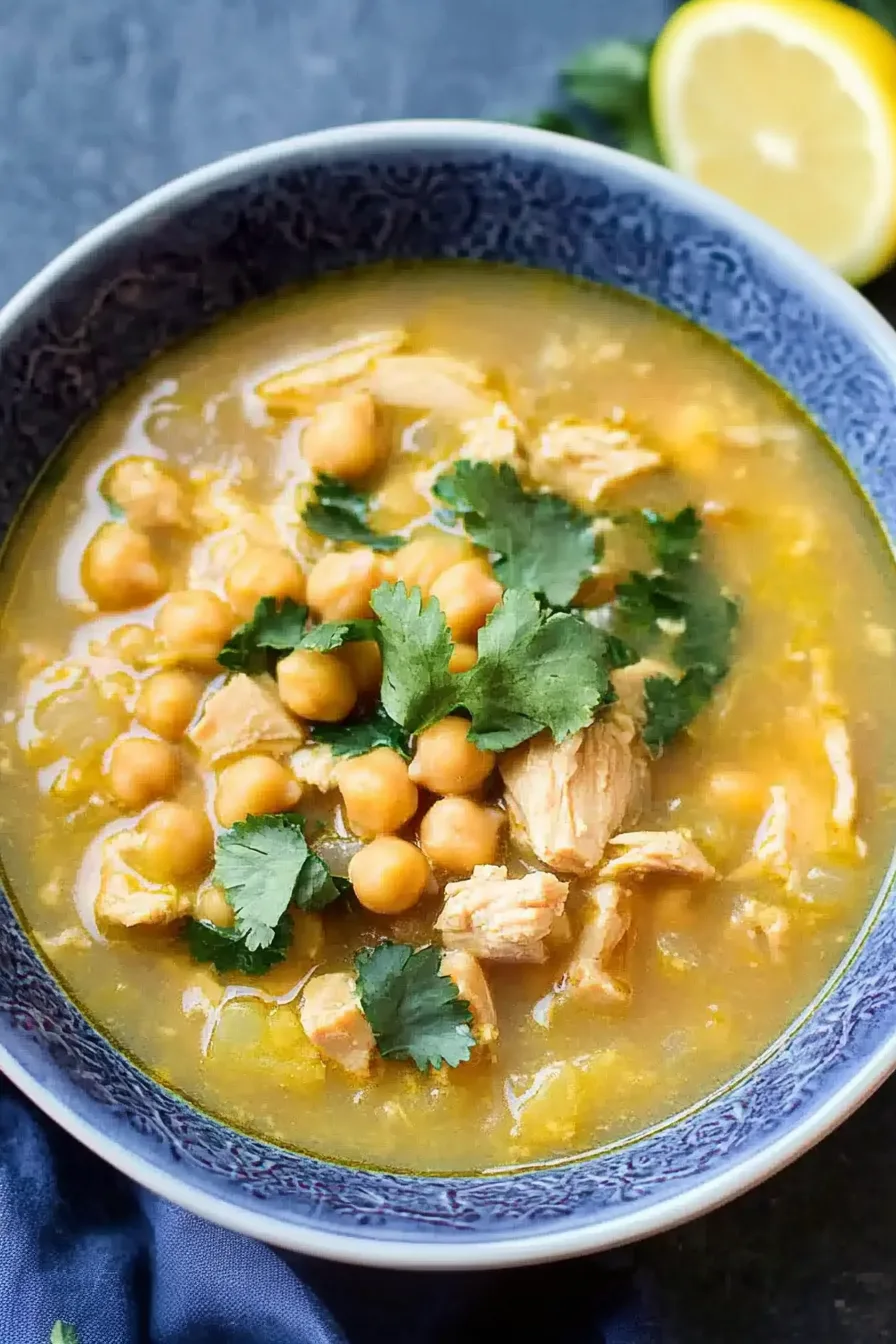 Close-up of a hearty broth with chickpeas, shredded chicken, and parsley garnish.
