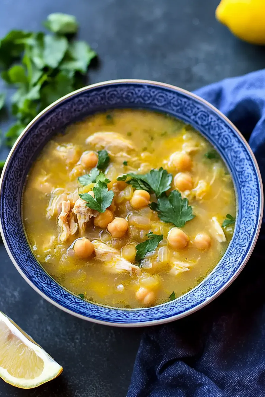 Freshly served bowl of bright, flavorful soup with chickpeas and herbs.