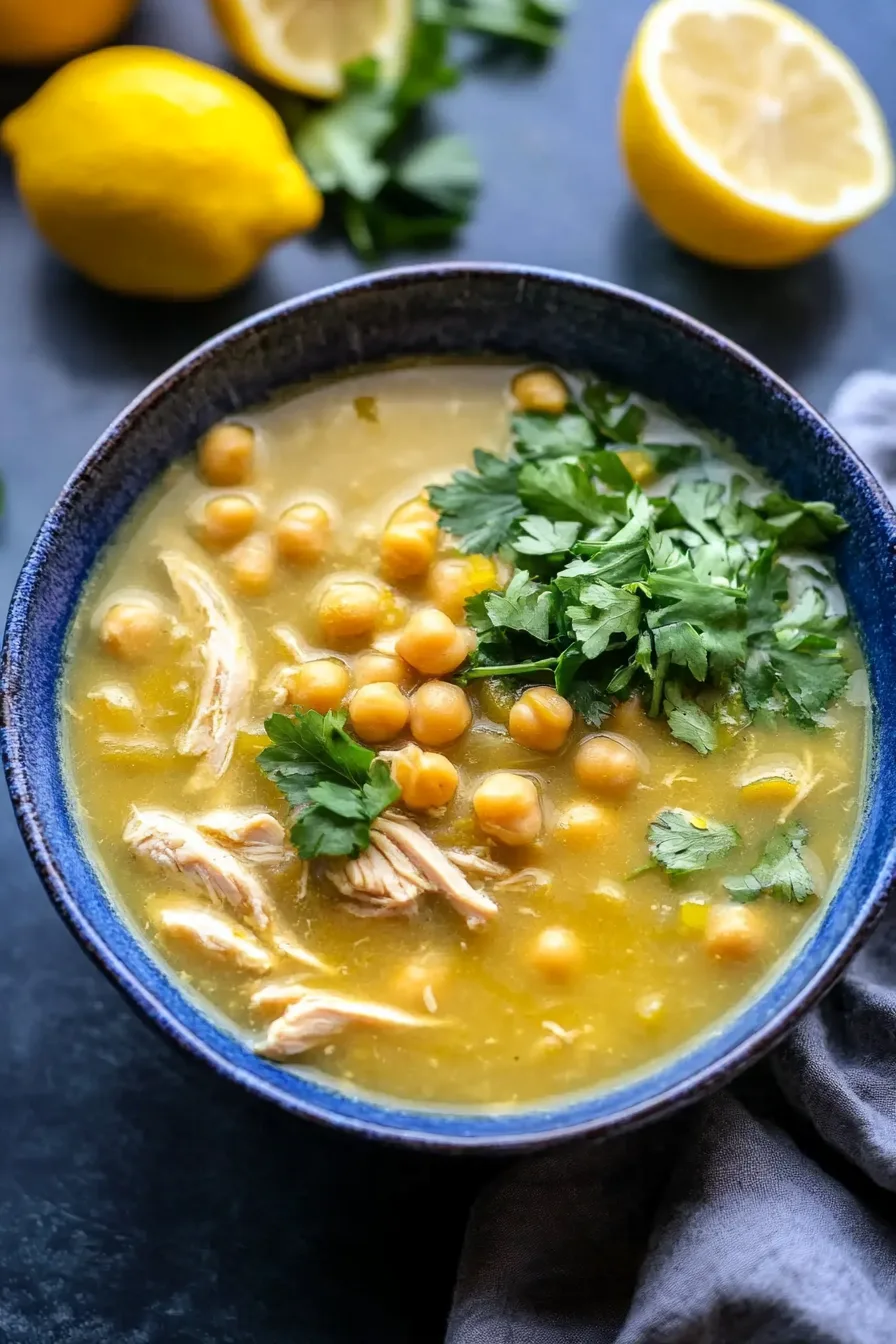 Rustic chicken and chickpea soup glistening with a hint of olive oil and lemon.