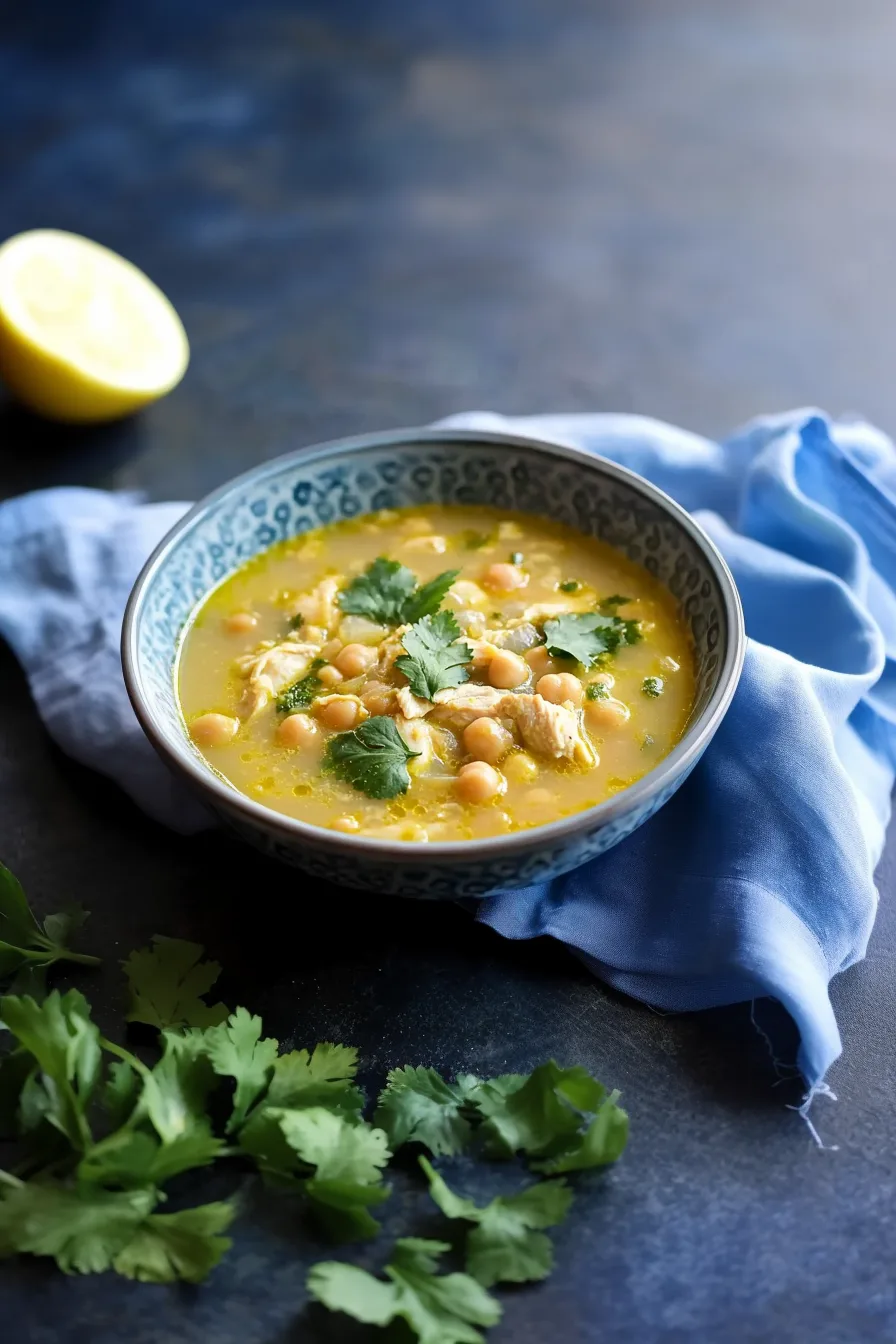 Warm and comforting soup featuring chunks of chicken and chickpeas in a lemony broth.