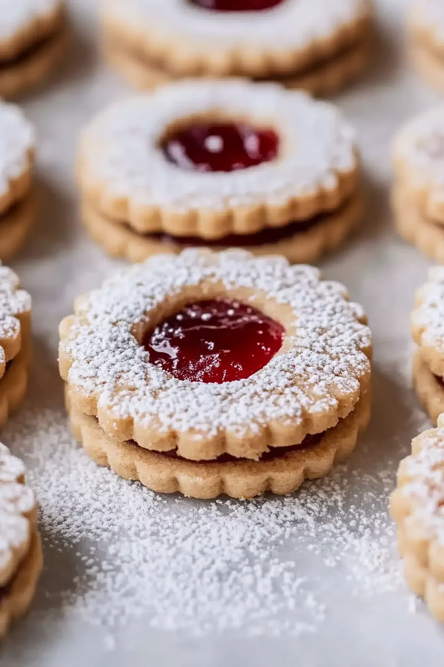 Close-up of jam-filled cookies with scalloped edges and a light sugar coating.