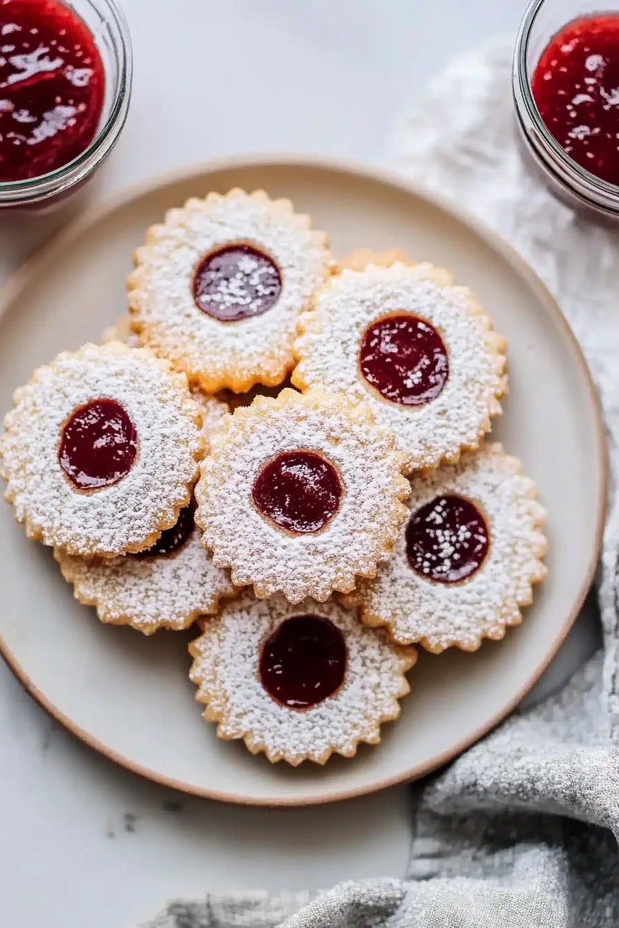 Homemade cookies with a jam filling and a dusting of sugar, arranged on a plate.