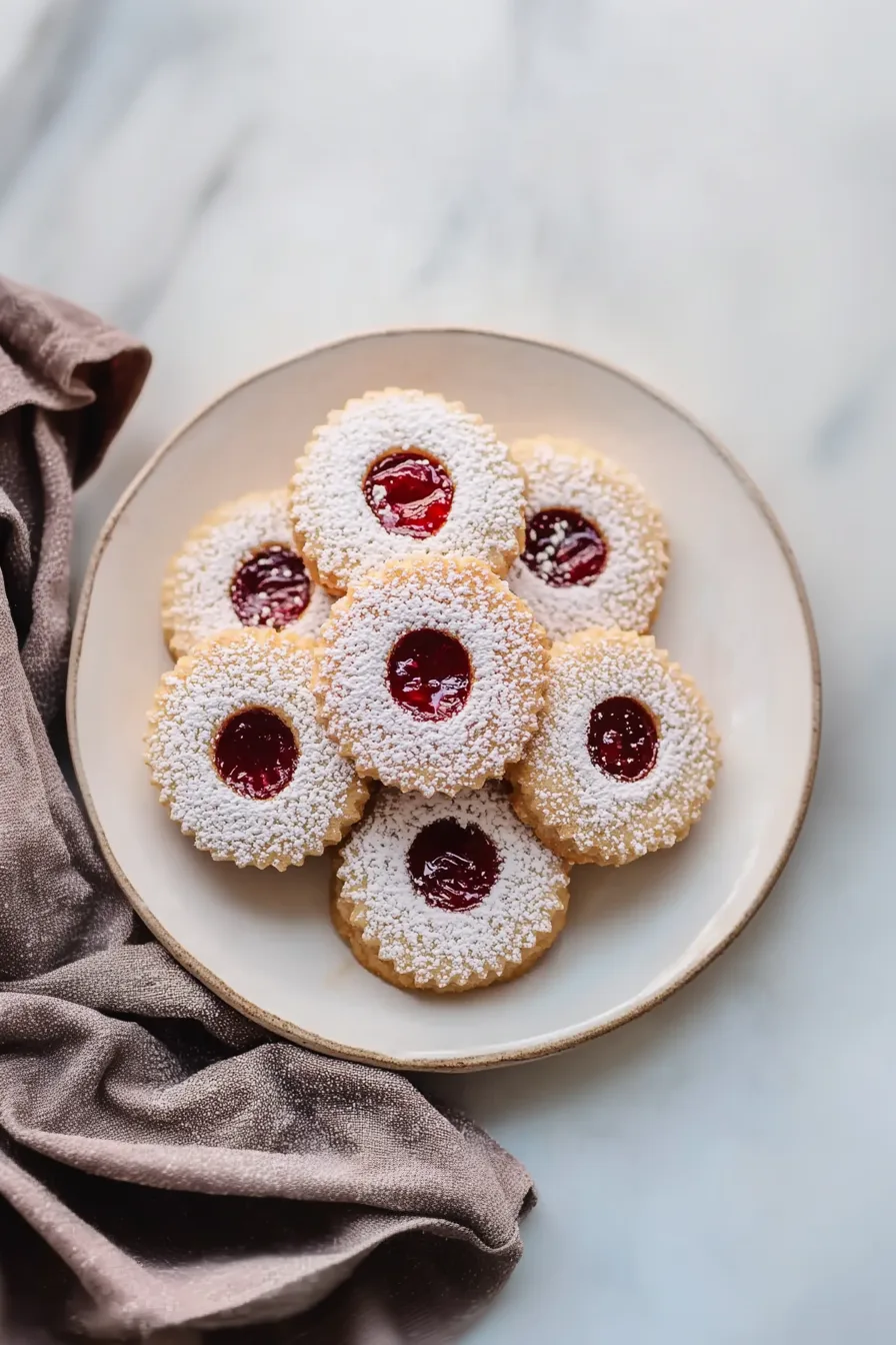 A plate of festive sandwich cookies with a bright jam center.