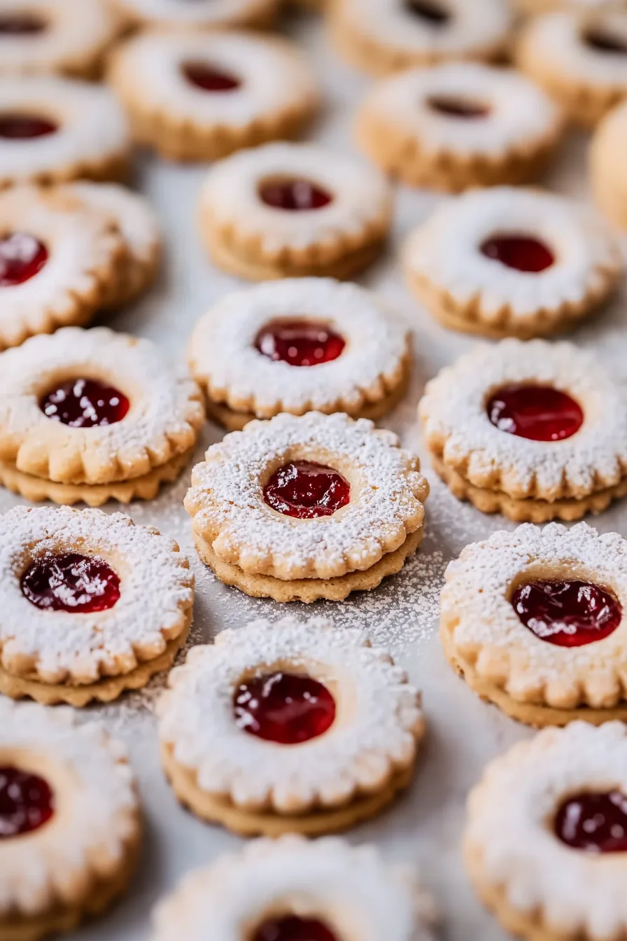 Delicate shortbread cookies layered with red jam and topped with powdered sugar.