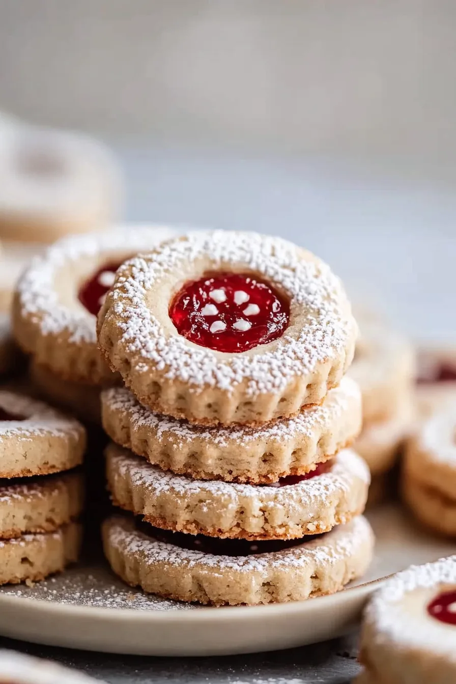 Stack of buttery sandwich cookies filled with raspberry jam and dusted with powdered sugar.