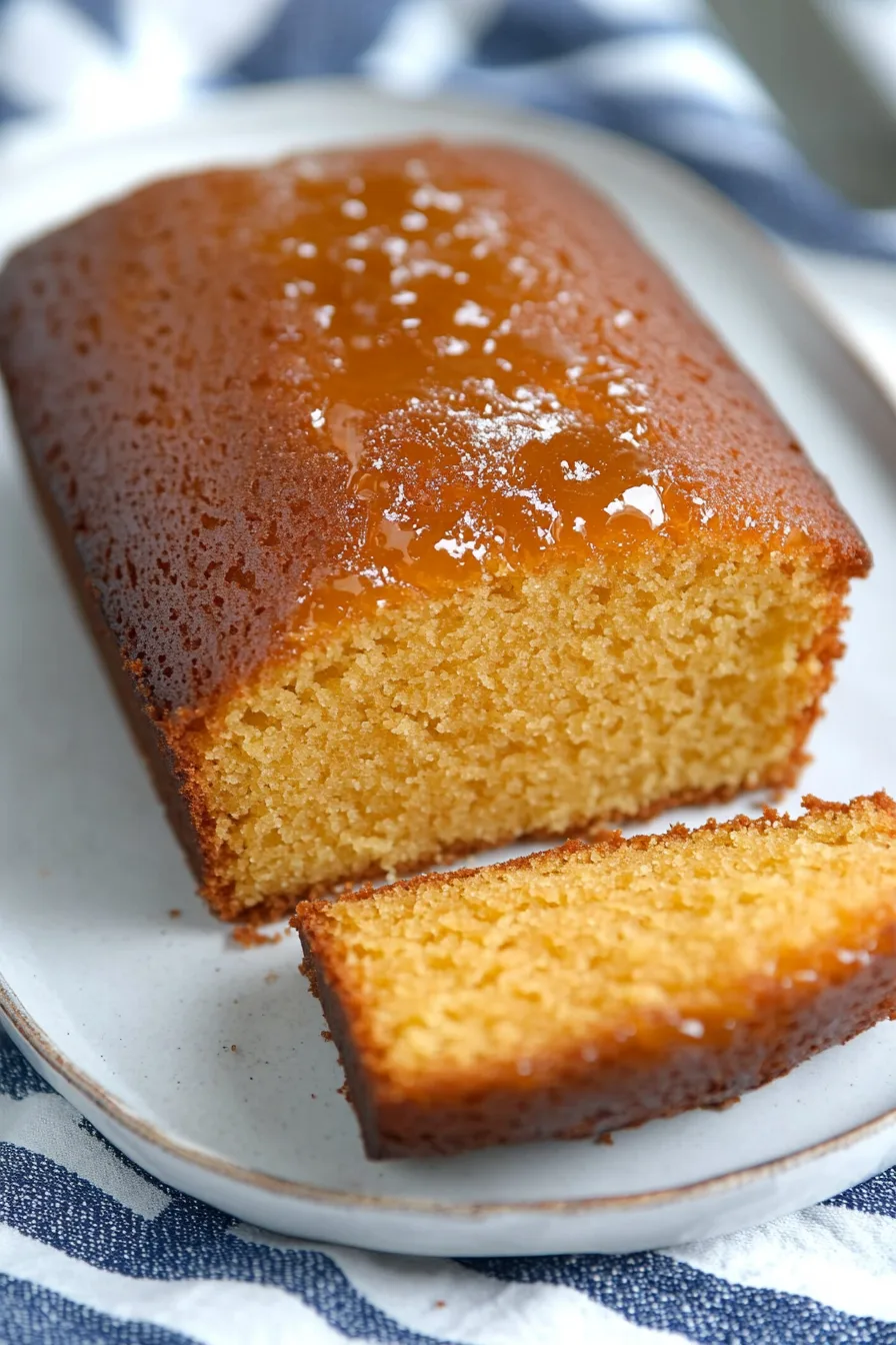 Close-up of a buttery loaf cake showing its tender crumb and marmalade topping.