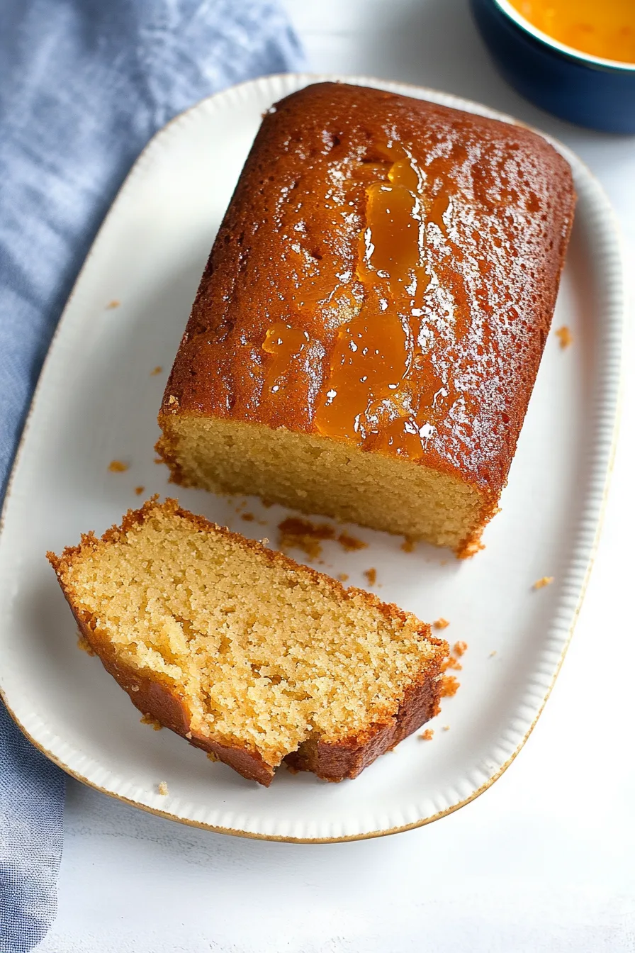 Freshly baked citrus cake with a caramelized crust and orange glaze.