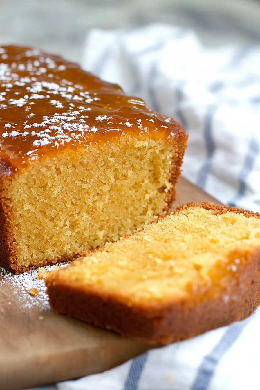 Golden loaf cake topped with glossy orange marmalade and sliced for serving.