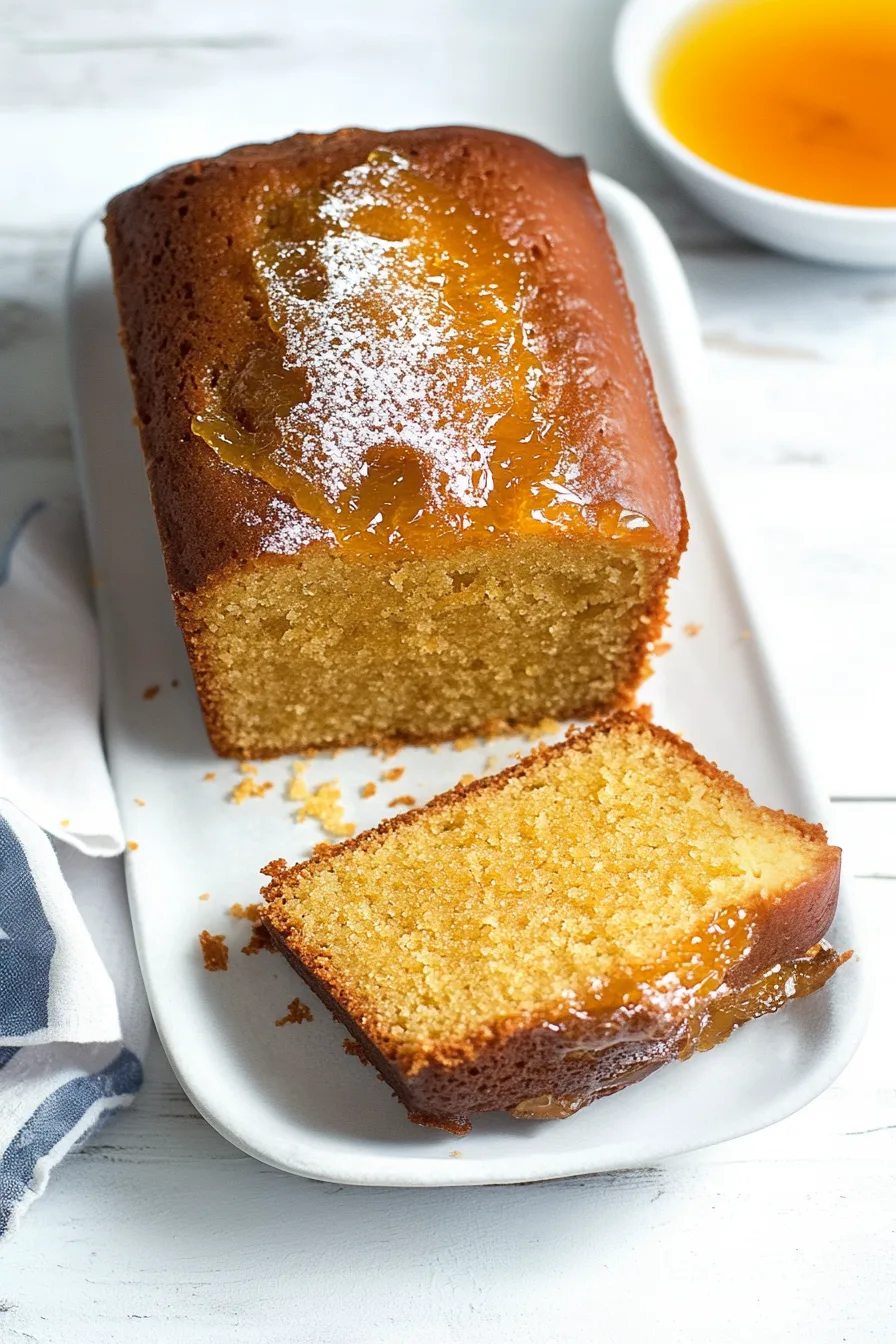 Slice of rich, golden pound cake coated with a layer of sweet marmalade.