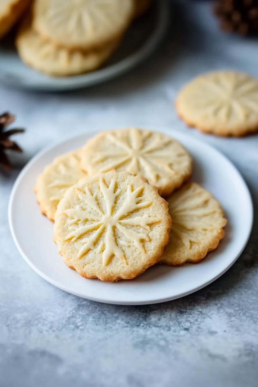 Close-up view of tender shortbread cookies with decorative ridges.