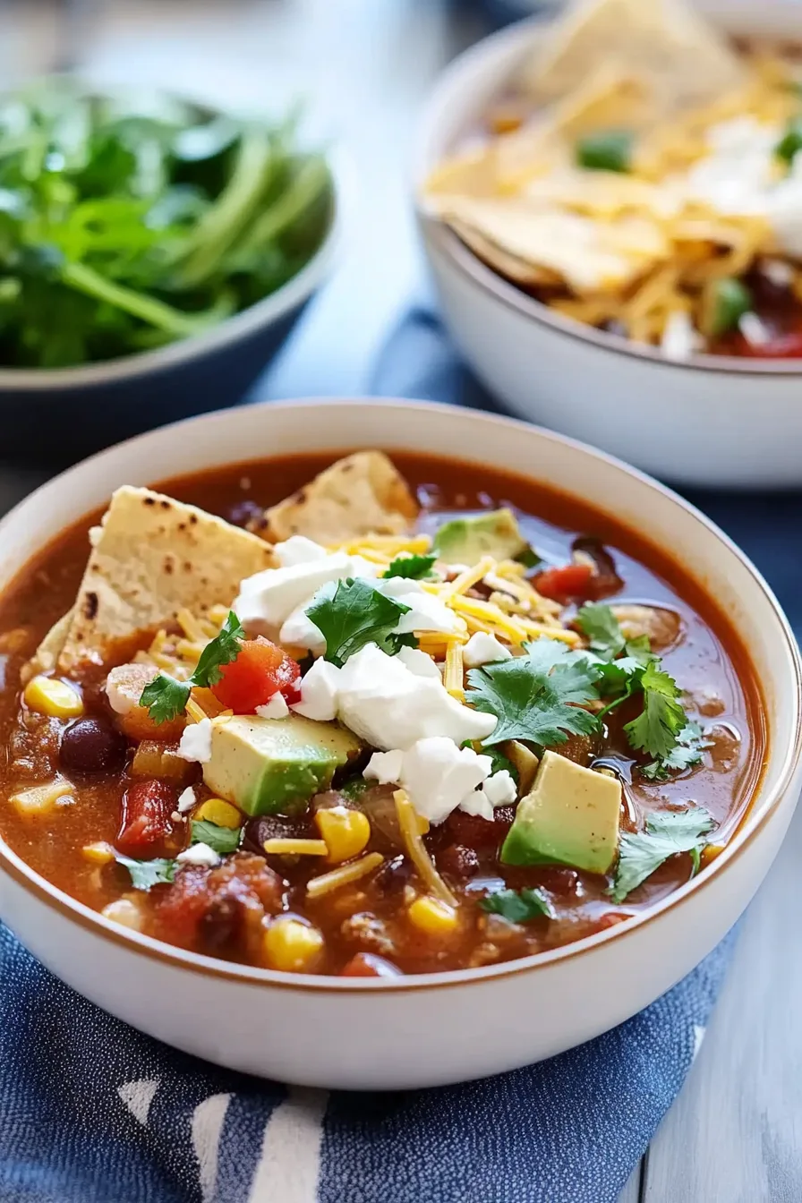 Close-up of flavorful tomato-based soup with beans, corn, and fresh cilantro.