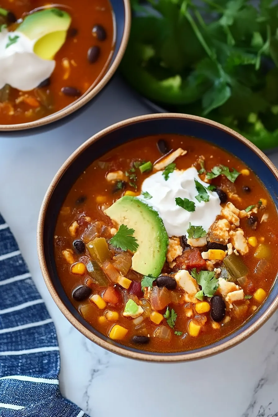 Bowl of hearty vegetable soup topped with tortilla chips, avocado, and sour cream.