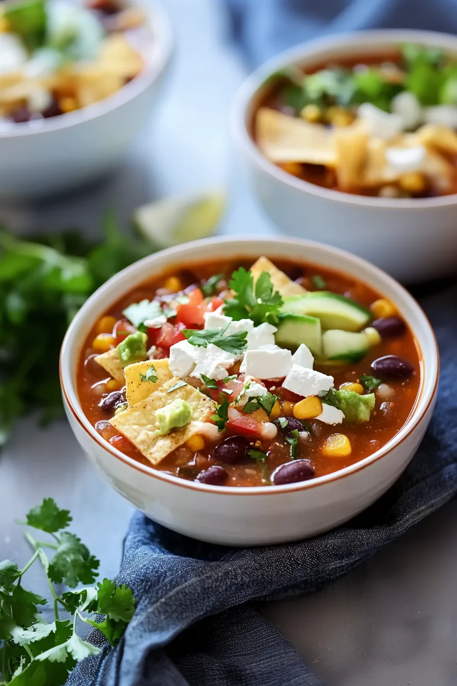 Comforting vegetarian soup served with fresh toppings and crispy tortillas.