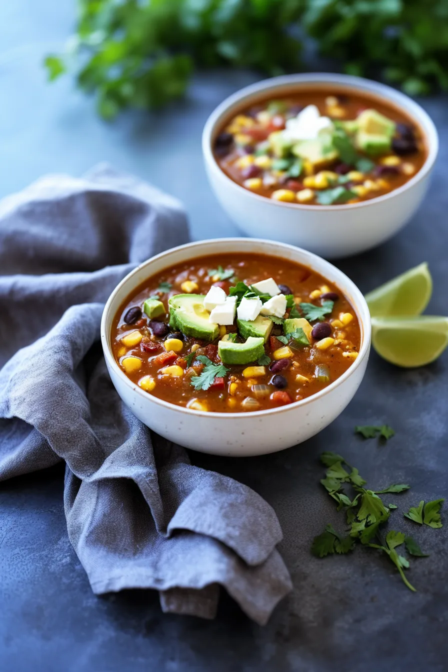 Homemade soup loaded with veggies, beans, and a dollop of cream on top.