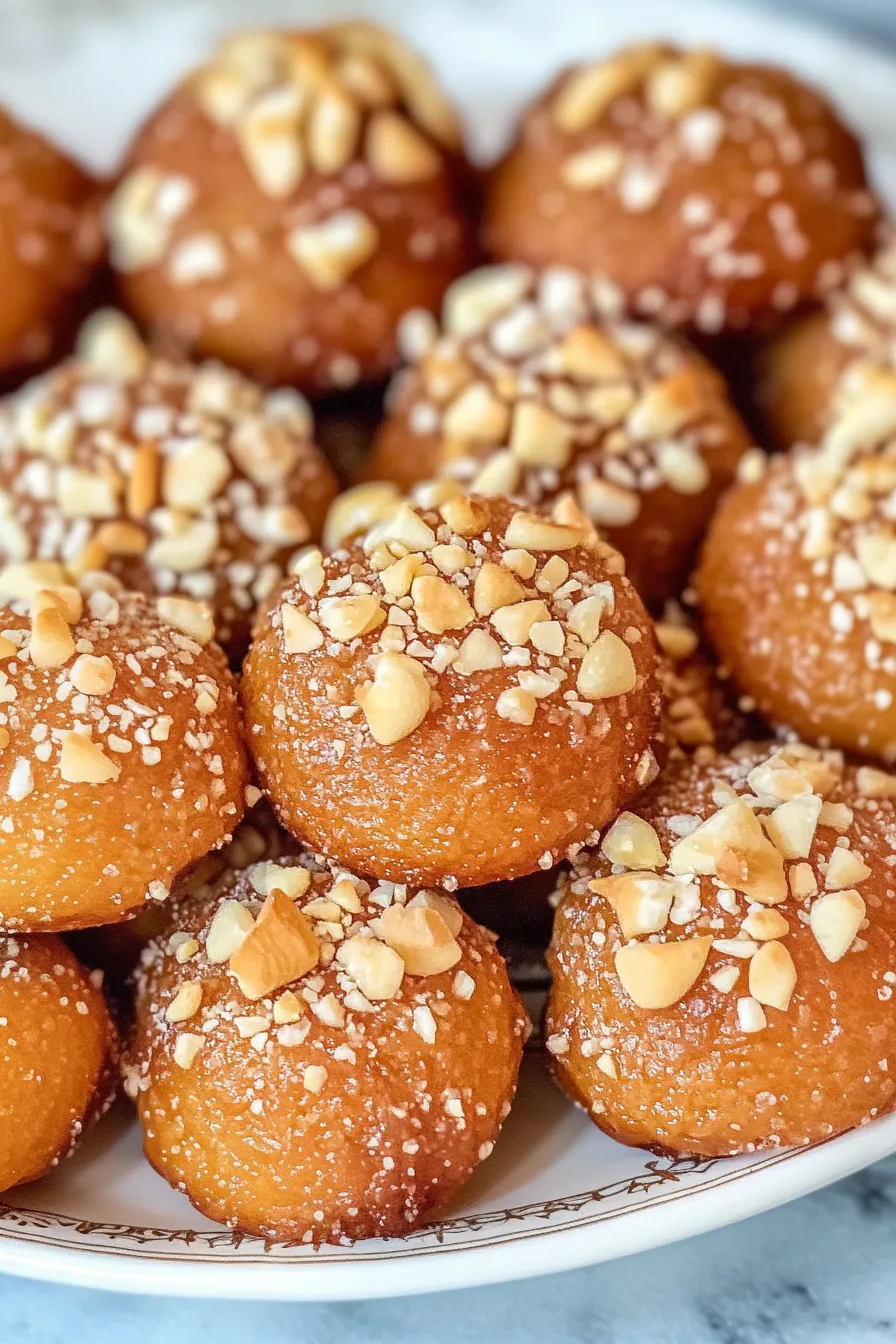 Golden honey-dipped cookies topped with crushed nuts on a serving plate.