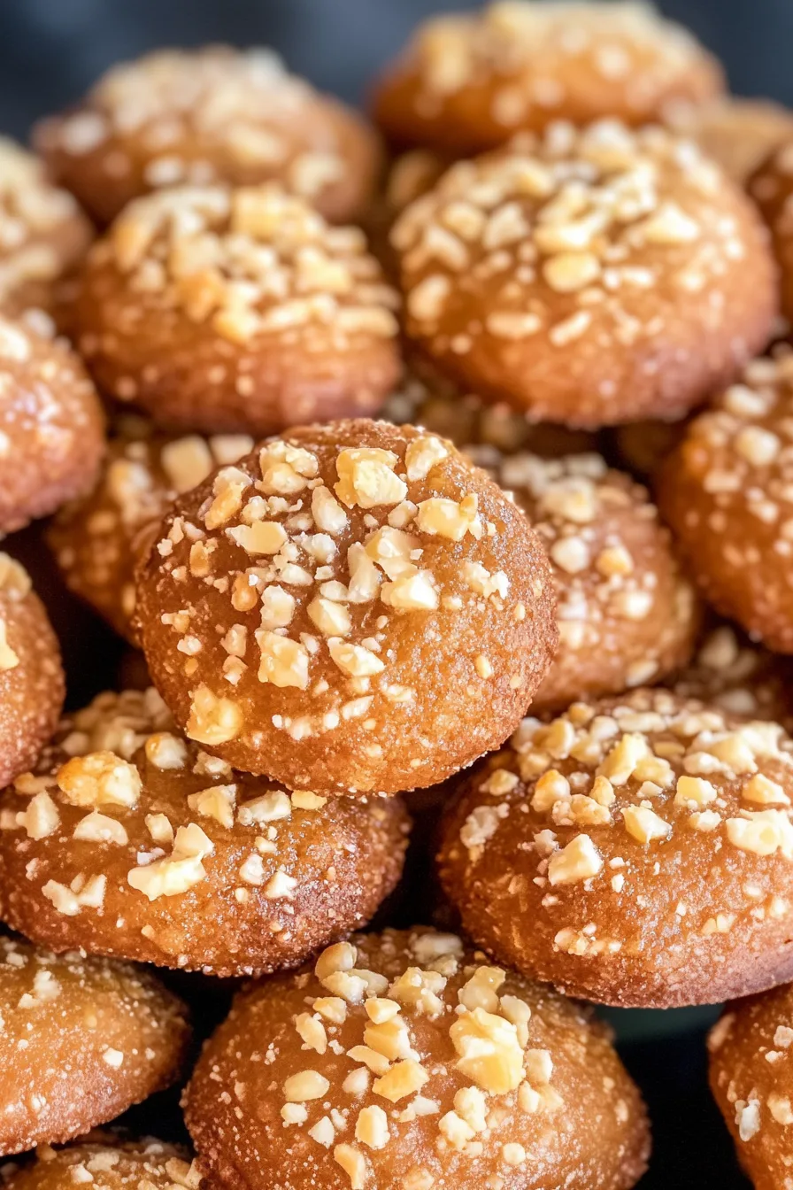 A plate of festive spiced cookies glistening with honey glaze and nut topping.