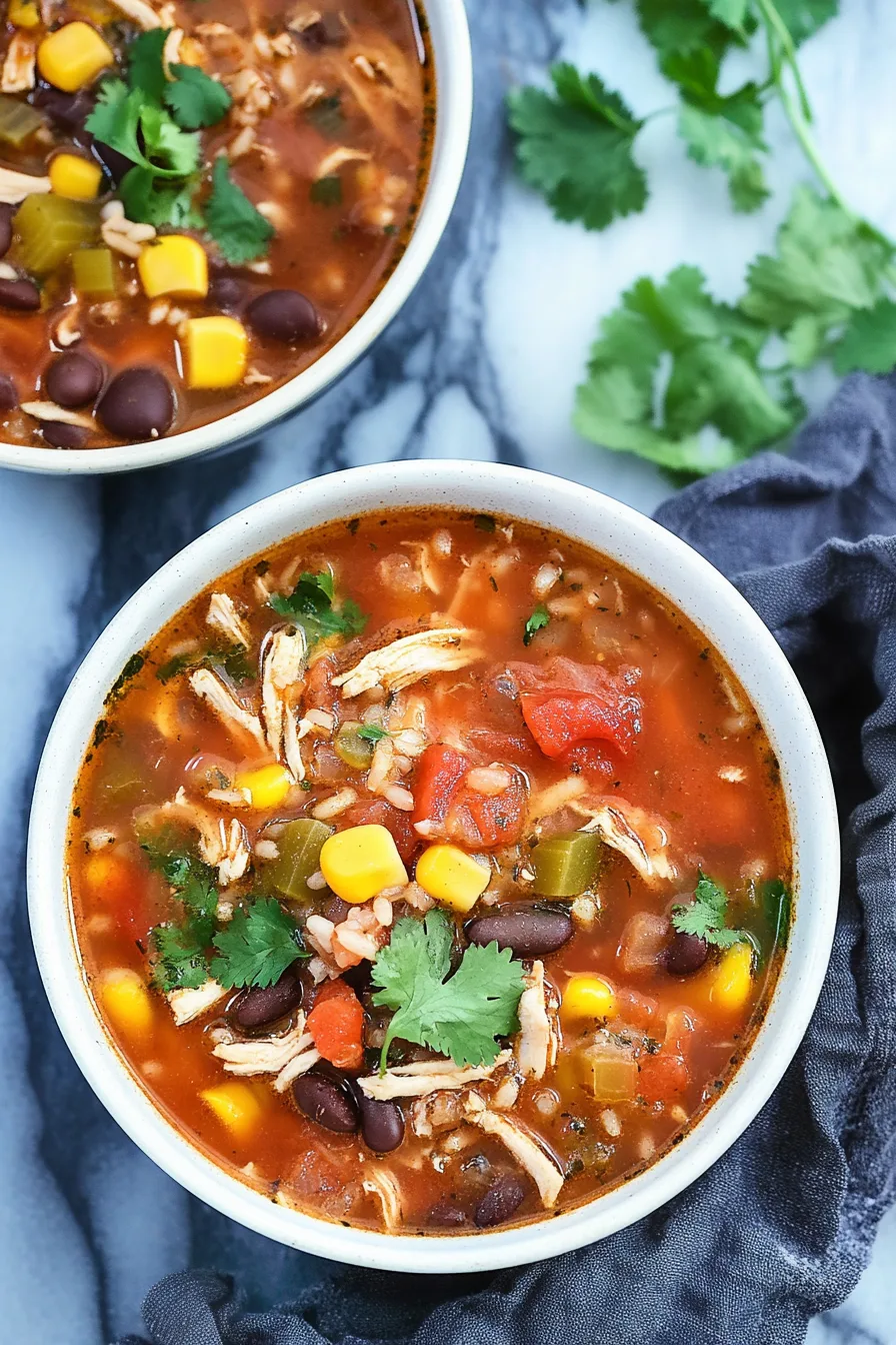 Vibrant bowl of soup featuring tender chicken, rice, and corn in a rich tomato base.