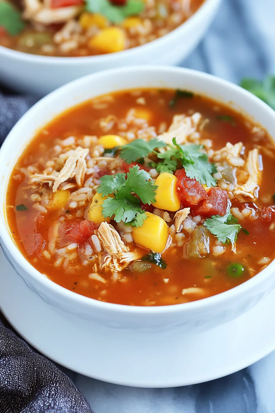 Close-up of hearty soup made with shredded chicken, vegetables, and rice in a tomato broth.