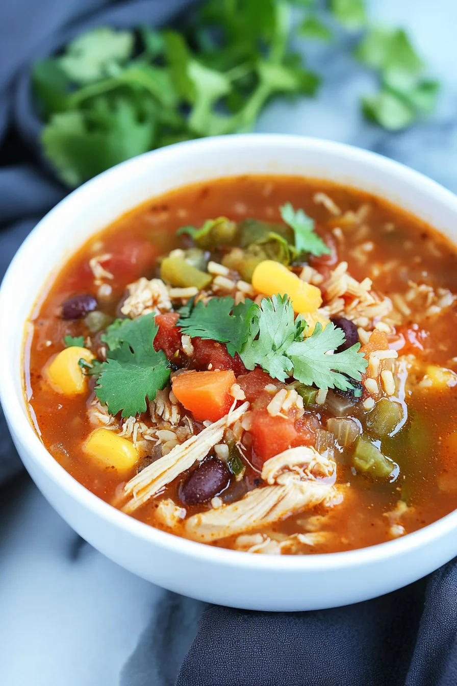Bowl of flavorful chicken and rice soup with corn, tomatoes, and fresh cilantro.