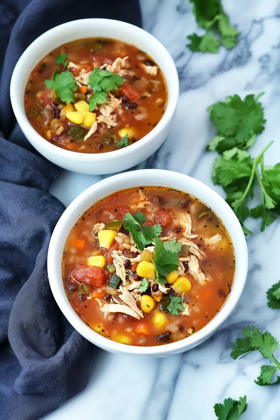 Warm, comforting soup garnished with cilantro and filled with corn, rice, and chicken.