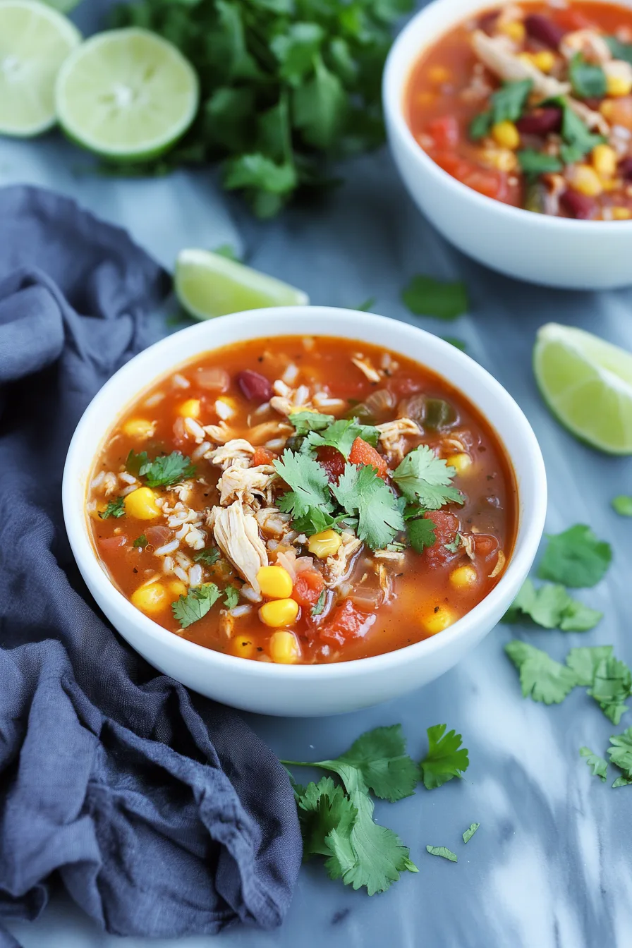 Homemade chicken and rice soup with a bright, zesty broth and colorful veggies.