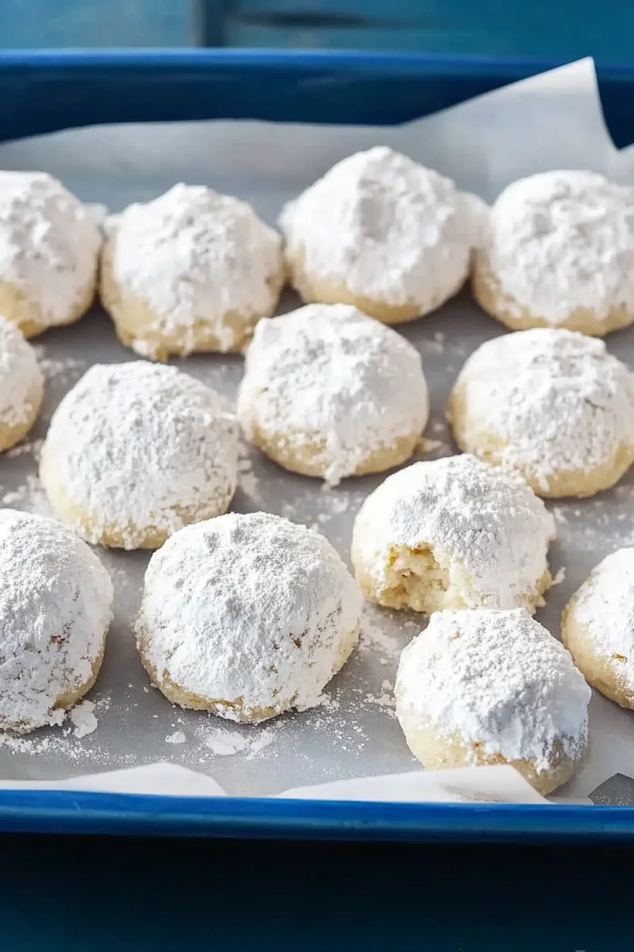 Sweet, melt-in-your-mouth cookies arranged neatly and dusted with sugar.