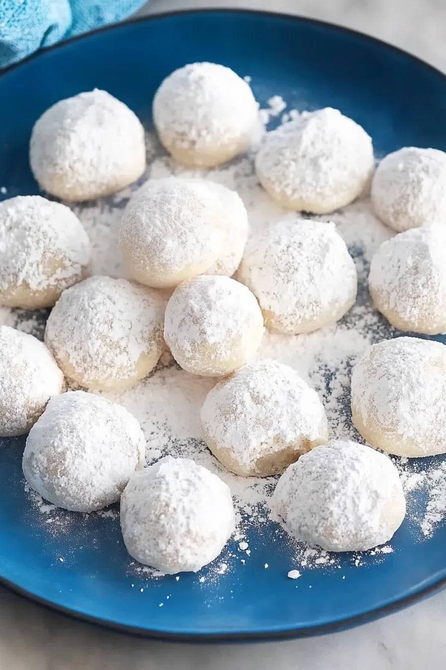 A plate of buttery cookies covered in powdered sugar, with one showing a soft crumb inside.