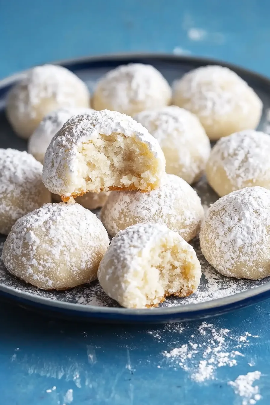 Close-up of bite-sized cookies dusted with powdered sugar, stacked on a blue plate.