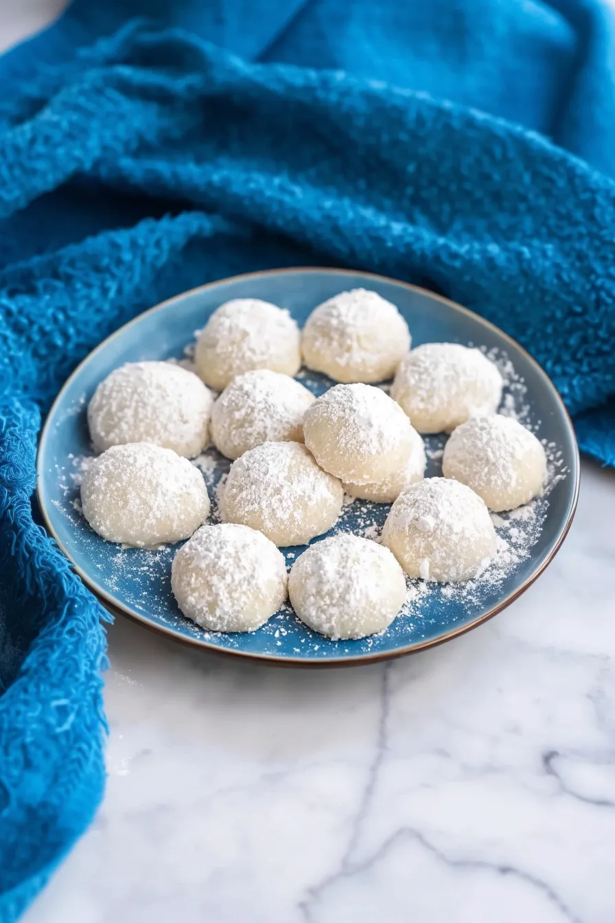 Freshly baked round cookies coated in powdered sugar on a cool blue background.