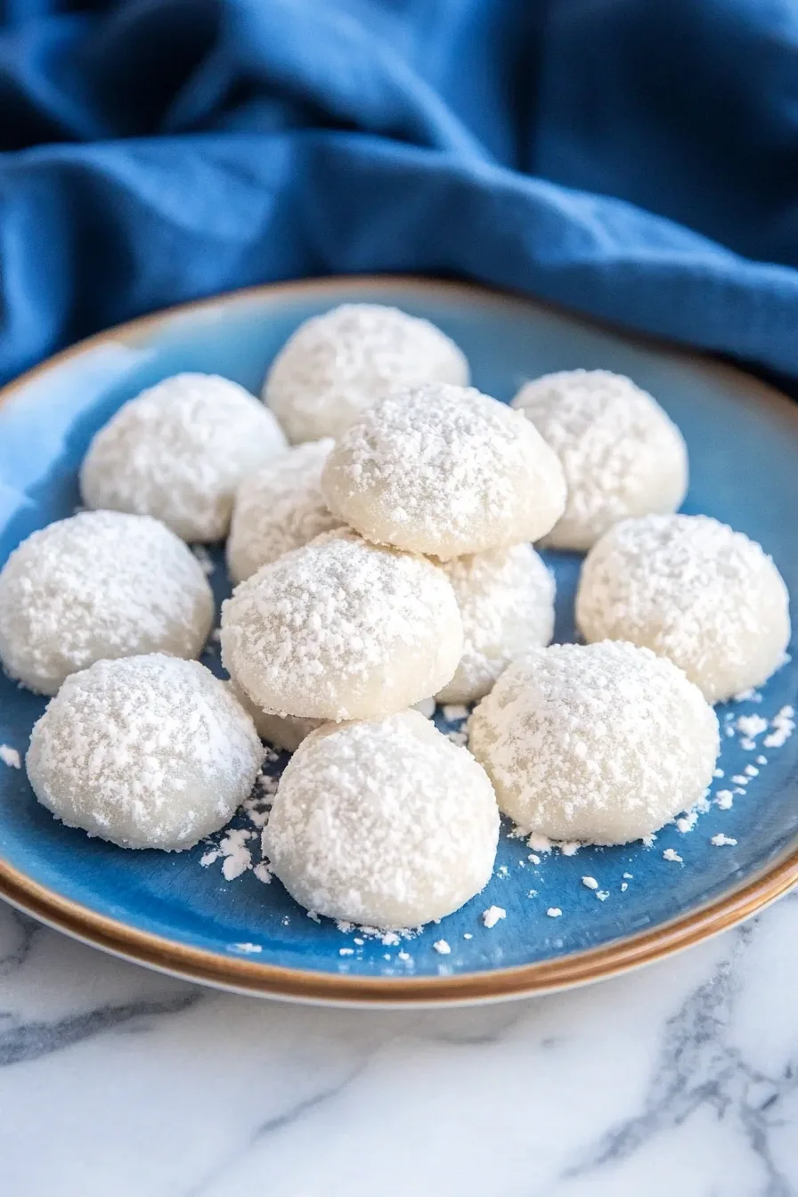 Soft, crumbly cookies topped with powdered sugar, ready to serve.