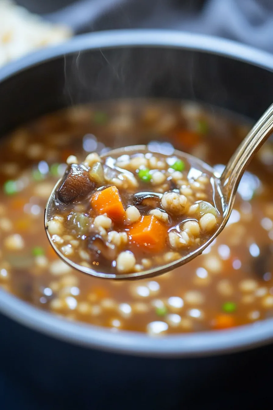 A warm bowl of hearty vegetable and barley soup garnished with fresh parsley.