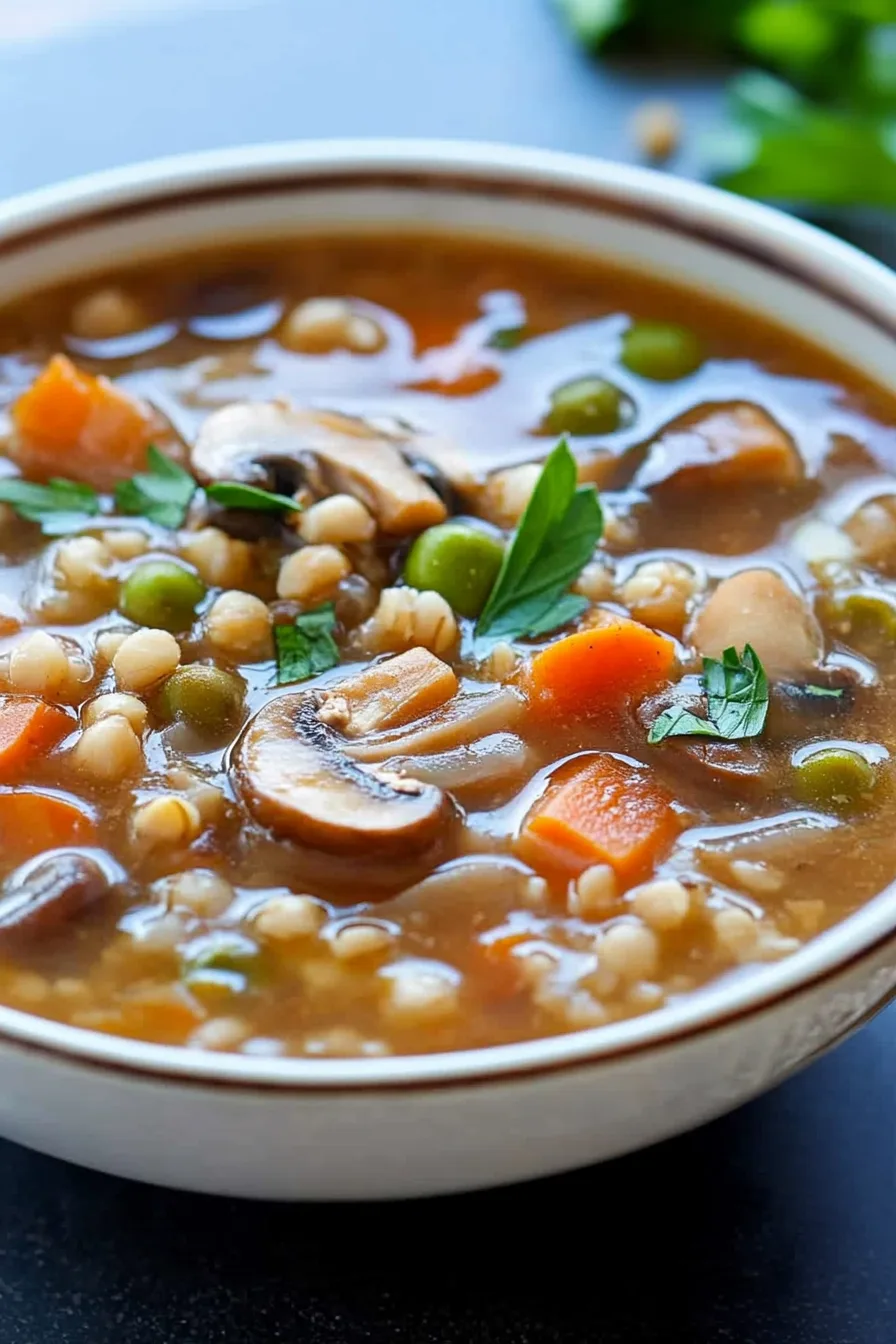 Close-up of vegan mushroom soup with carrots, peas, and pearl barley in a rich broth.