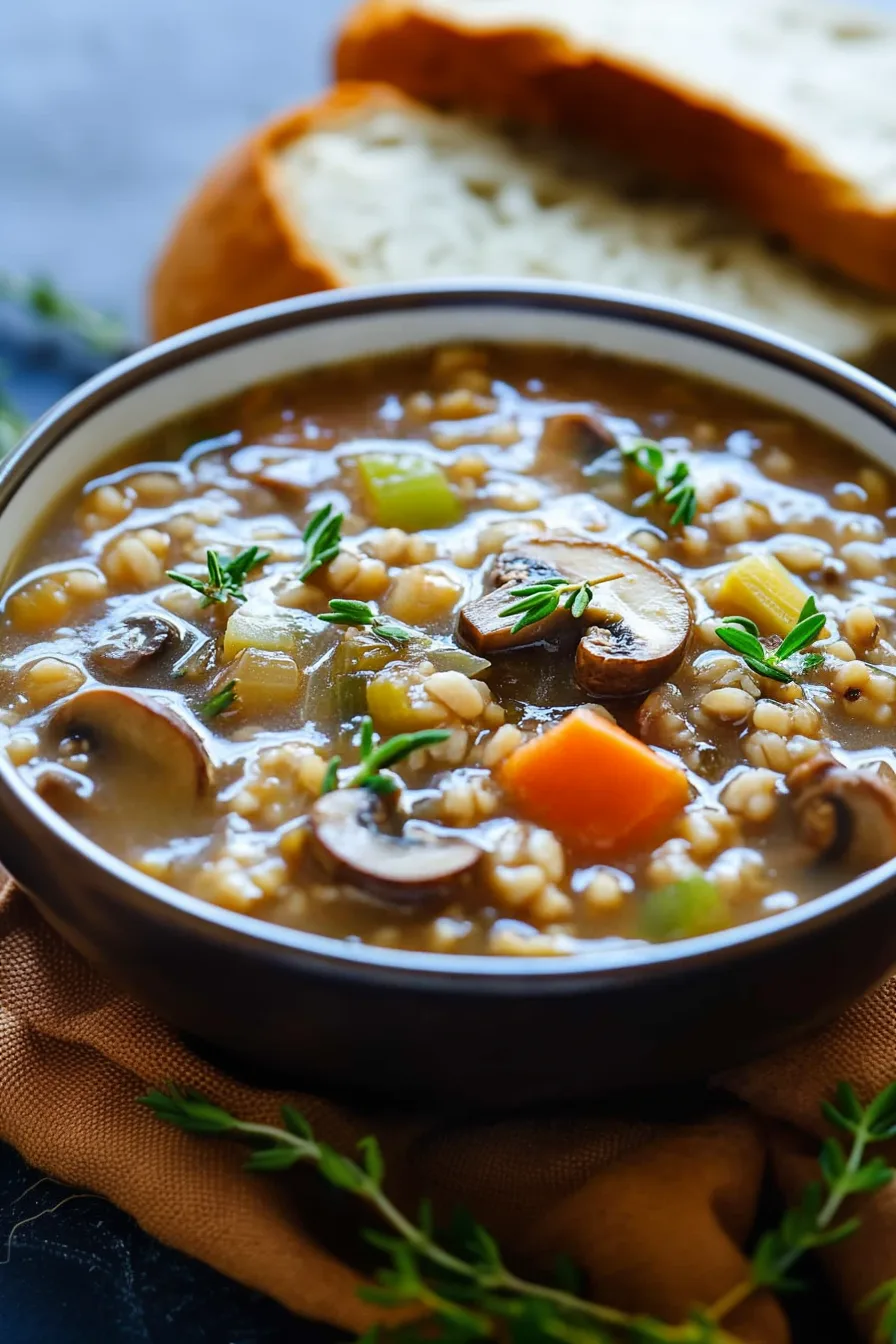 Bowl of wholesome vegan soup with mushrooms, peas, and carrots on a dark surface.