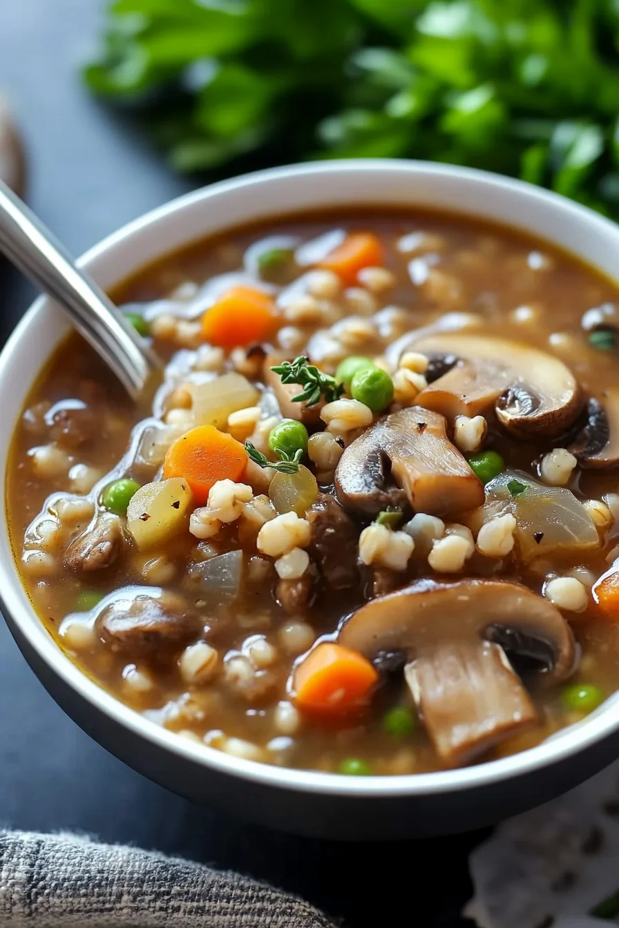 Comforting homemade soup filled with mushrooms, barley, and colorful veggies.