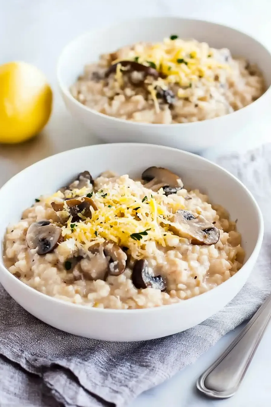 Rich mushroom rice dish served in a white bowl on a rustic table.