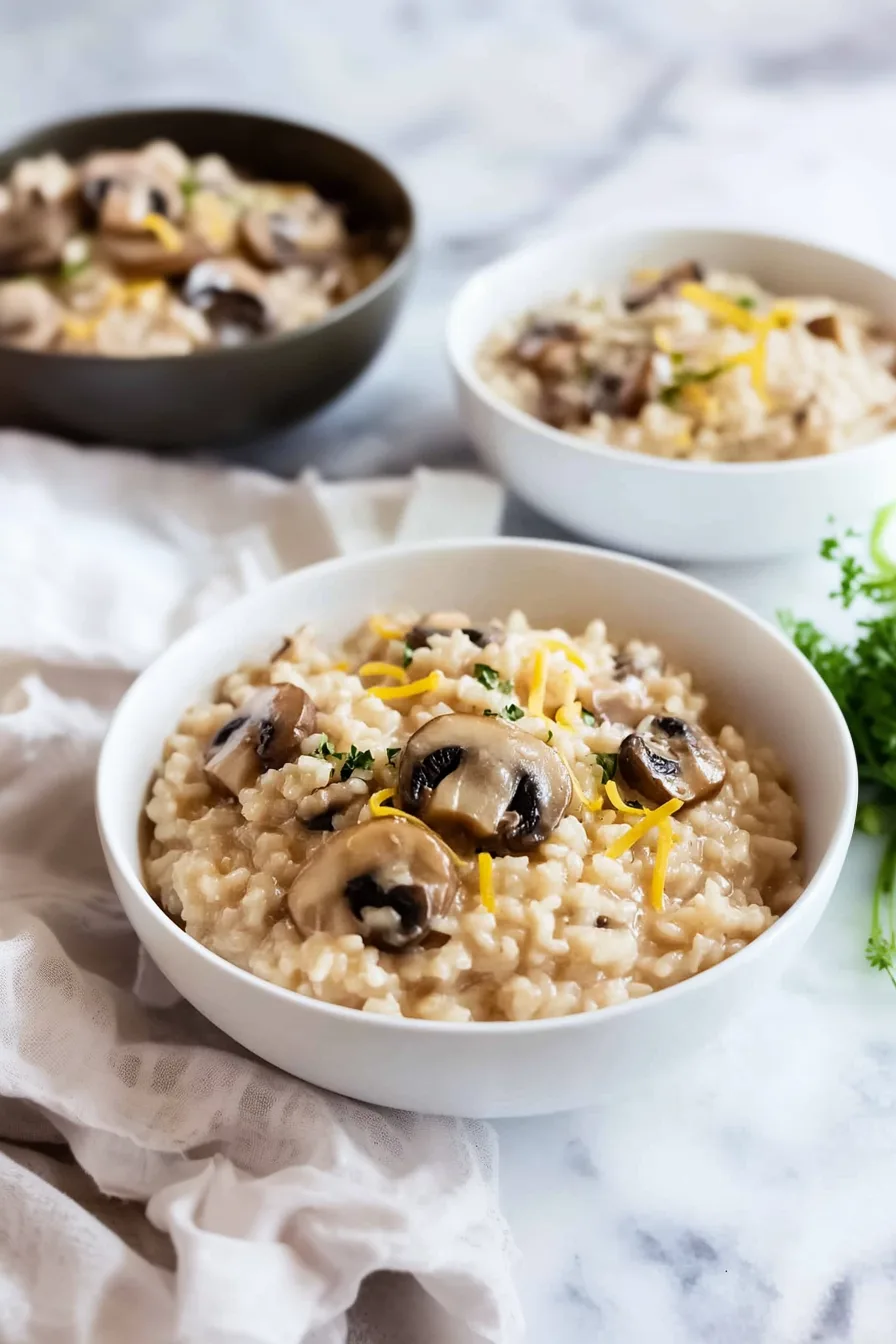 Smooth and creamy risotto with tender mushroom slices and cheese on top.