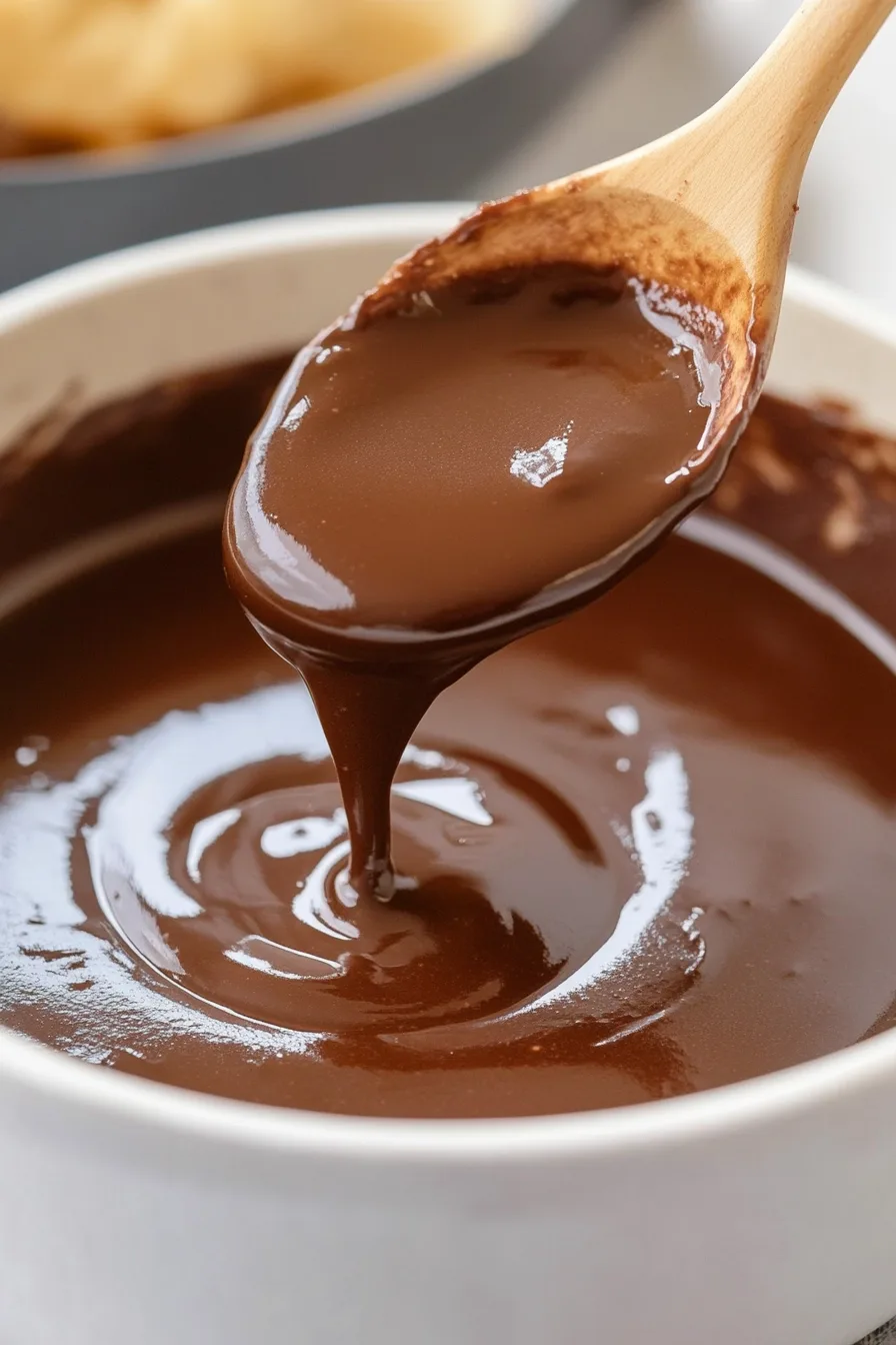 Wooden spoon drizzling rich chocolate sauce into a creamy swirl.