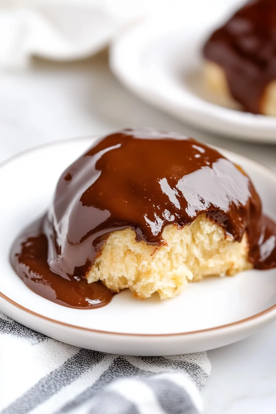 Smooth chocolate topping with a shiny finish served on a white plate.