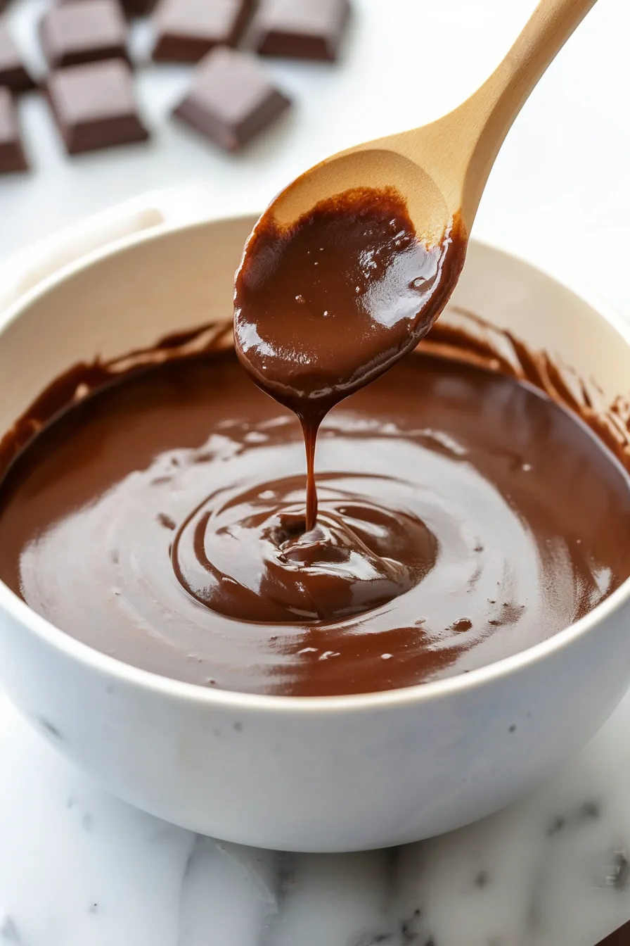 Thick, glossy chocolate sauce being poured from a wooden spoon into a bowl