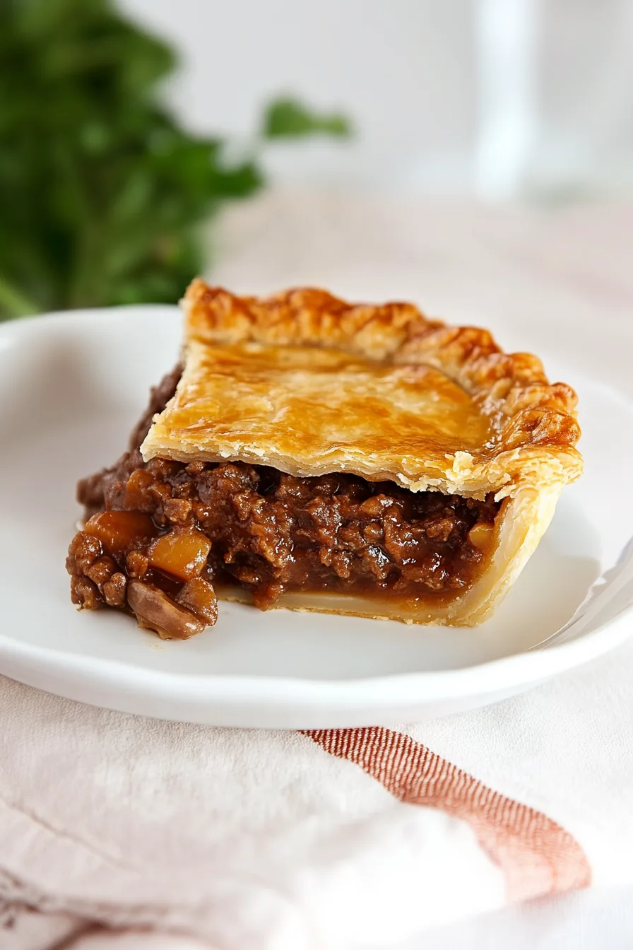 Classic baked pie with a shiny top crust and thick, flavorful filling peeking through the slice.