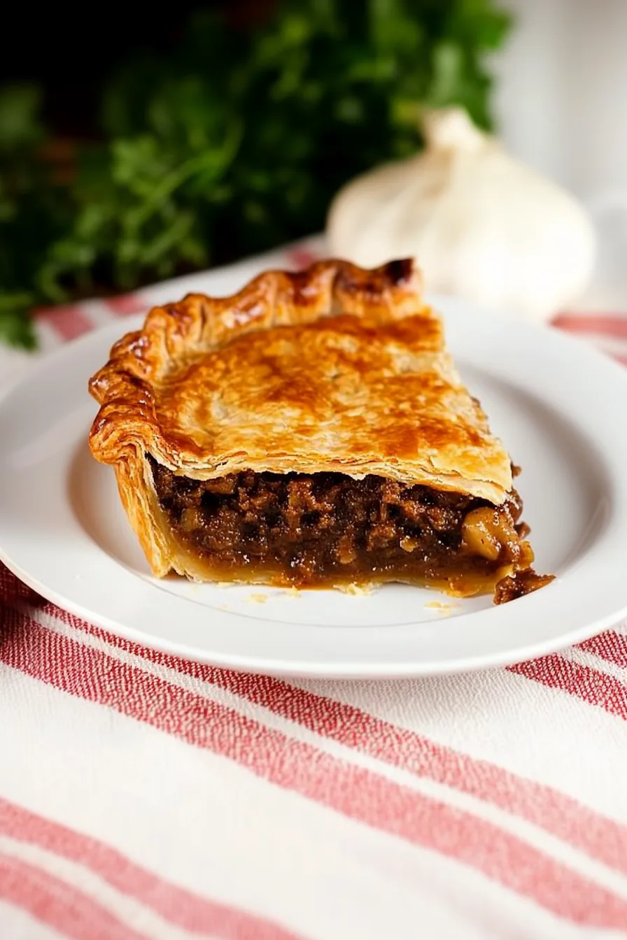 Old-fashioned dessert pie with a buttery crust and a rich, aromatic fruit filling on a rustic table.